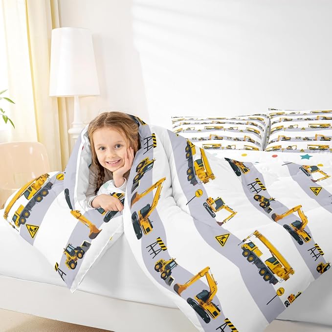 Construction Excavator Comforter Set for Boys, Kids Tractor Truck Down Comforter Twin, Machinery Crane Mixer Bedding Set for Girls Teen Bedroom Cartoon Vehicle Duvet Sets with 1 Pillow Case - Image 6