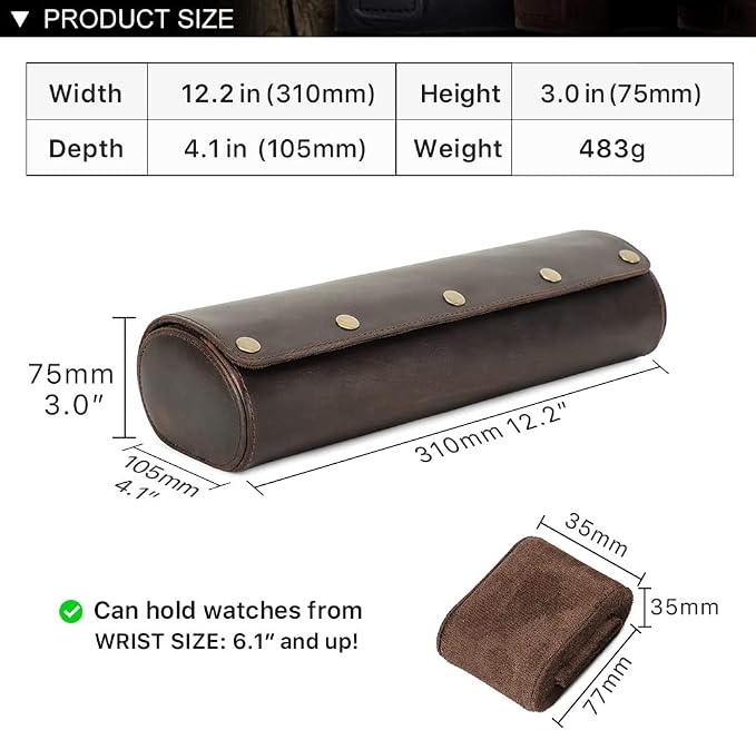 Hiram Leather Watch Roll Travel Case,Vintage Crazy Horse Leather 4-Slots Watch Box with Removable Velvet Pillows, Secure Metal Clasp, Perfect for Daily Display & Business Travel - Image 4