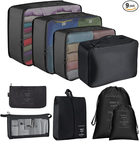 Packing Cubes for Suitcase,Lychico 9pcs Travel Luggage Packing Organizers Waterproof Travel Essentials Bag Clothes Shoes Storage Bags, Black by Lychico