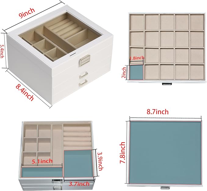 BOOVO Clear Lid Jewelry Box,3 Layers Jewelry Organizer Large Jewelry Storage Box with 2 Drawers,Jewelry Holder Organzier of Rings Earrings Necklace Bracelets for Women (White, 3 Layer) - Image 4