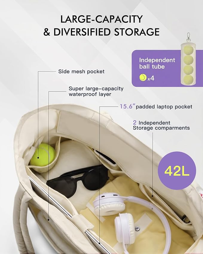 Quilted Tennis Tote Bag for Women Gym Duffle Bag with Shoe Compartment & Wet Pocket Fits 2-4 Rackets and 15.6" Laptop Overnight Weekend Sports Bag with Fence Hook(Large size) - Image 4