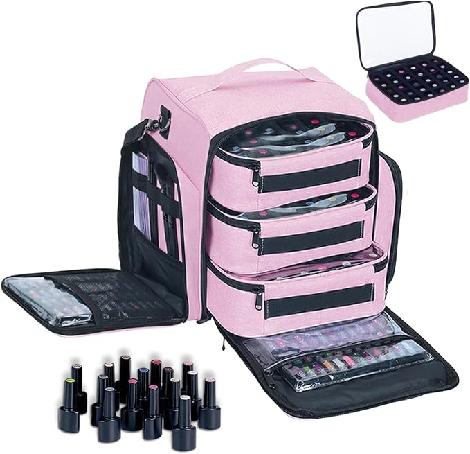 Nail Polish Organizer Case Hold 90 Bottles with 3 Detachable Bag,Pink | Portable Travel Storage Box Designed for Women's Nail Tools, Essential Oils and Cosmetics Sets by UOZL