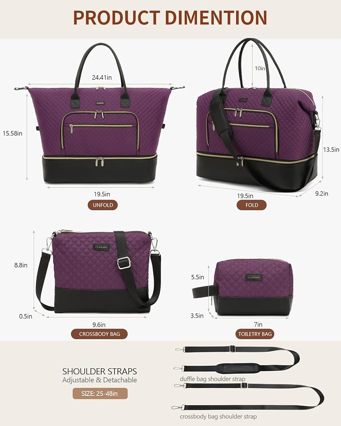 Weekender Bags for Women Travel, Under Seat Carry On Bags for Airplanes Overnight Bag with Shoe Compartment Luggage Sleeve, Foldie Travel Tote Bag Hospital Bag, Travel Gifts, Purple Black - Image 3