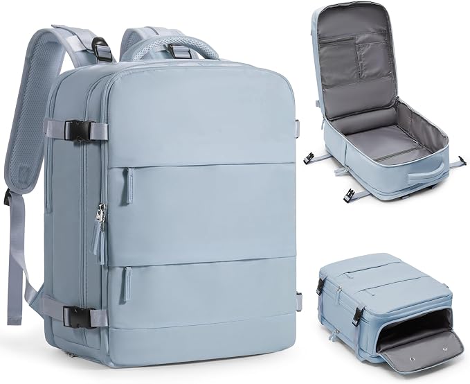 Large Travel Backpack Carry on Flight Approved Mochila De Viaje Carry on Backpack for Airplanes Spirit Airlines Personal Item Bag 18x14x8 Inches Travel Bag Traveling Backpack for Women Men Grey Blue by coofay