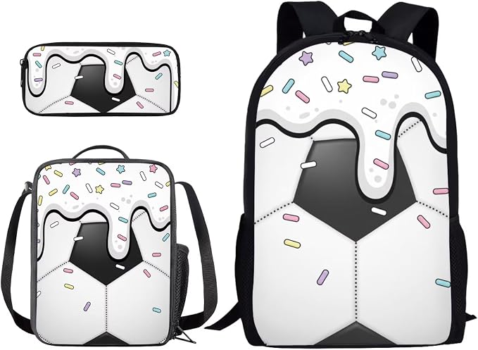 Soccer Drip Sprinkle Print 17 Inch Backpack Schoolbag 3 Piece for Boy Girl, Lightweight Daypack Set with Reusable Lunch Box and Pencil Bag, Durable School Bookbag Set, Black White by PCSJRKG