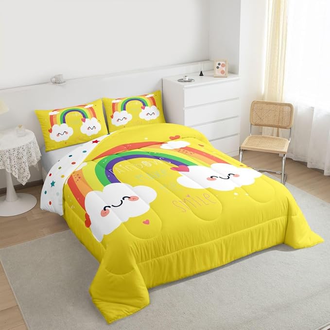 Erosebridal Rainbow Quilted Comforter King Size, Kawaii Comforter Set Love Heart Bedding Set Cartoon Rainbow Iridescent Down Comforter,3 Pcs One Bed Comforter and Two Pillowcases in One Bag, Yellow - Image 6