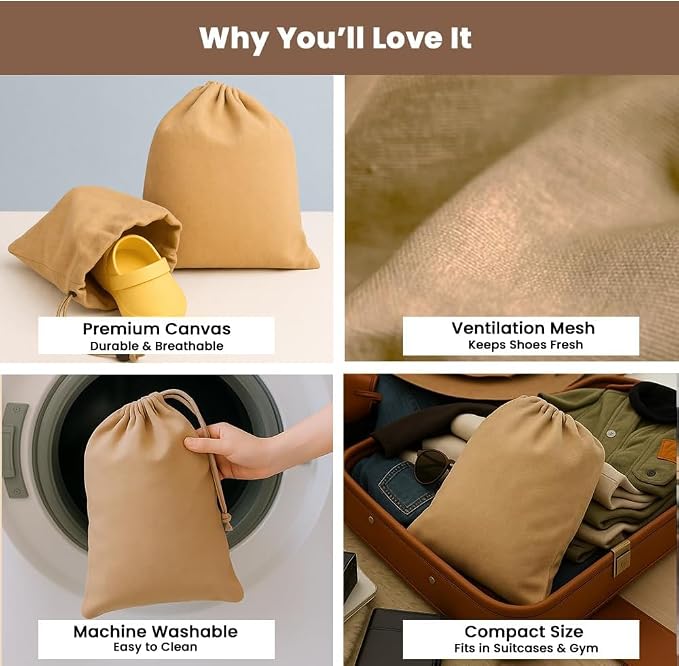 LFH Cotton Rich Shoe Storage Bags with Drawstring, Dustproof Breathable Reusable Organizer, Perfect For Travel, Dorm, Hotel, College, Gym, Easy to Carry, Machine Washable 8"x17" (Pack of 2) - Beige - Image 3