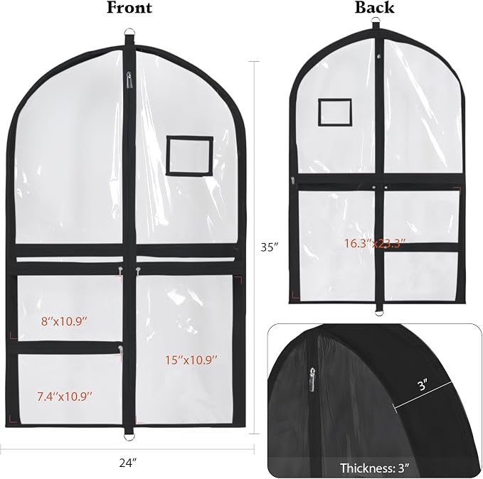 Univivi Clear PVC Dance Costume Bags, 35 Inch Garment Bag for Dance Competitions, with 3 Seperated Medium Clear Zipper Pockets and 1 Large Back Zippered Pocket (Black) - Image 3