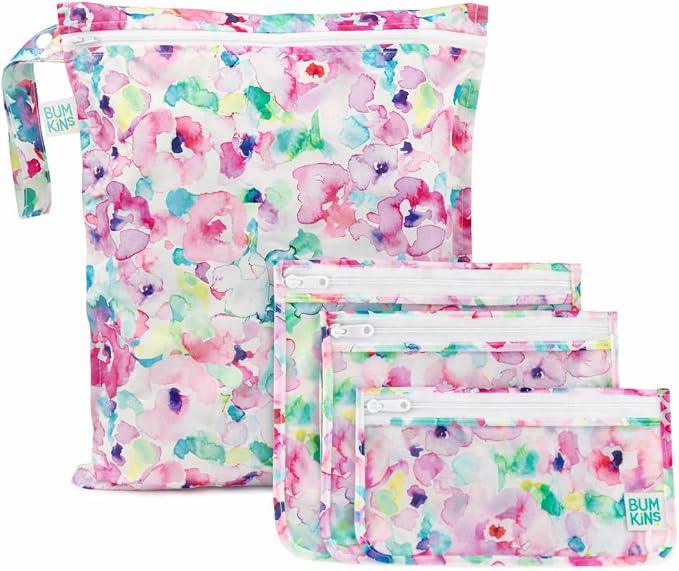 Bumkins - Waterproof Wet Bag & Clear Travel Bags - For Beach, Baby, Travel, Swim Suit, Cloth Diapers, Pump Parts, Pool, Gym, Toiletries - Reusable & Easy to Clean - Watercolor - 4 Pack by Bumkins