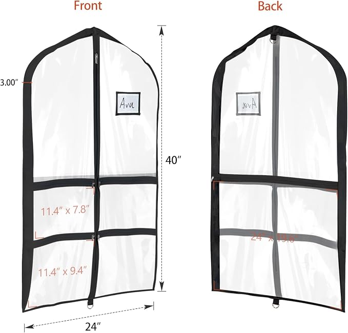 Univivi Clear Black PVC Dance Costume Bags Garment Bag 40 Inch for Dance Competitions, with 4 Medium Clear Zipper Pockets and 1 Large Back Zippered Pocket [Upgraded Version] (40'' x 24'' 6 Pack) - Image 2