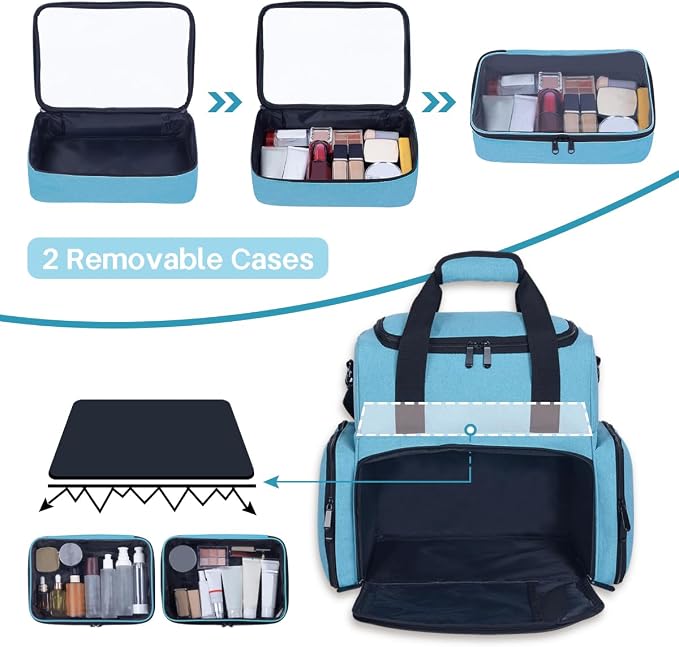 Large Makeup Bag with 2 Removable Case Cosmetic,Green | Large Makeup Bag with 2 Removable Case Multifunctional Cosmetic Bag Double Layer Travel Toiletry Organizer - Image 4