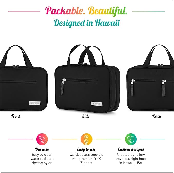 Eco Sun Hanging Travel Toiletry Bag — Designed in Hawaii — Water-resistant Travel Organizer for Bathroom Accessories (Black) - Image 7