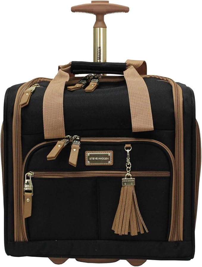 steve madden Designer 15 Inch Carry on Suitcase- Small Weekender Overnight Business Travel Luggage- Lightweight 2- Rolling Spinner Wheels Under Seat Bag for Women (Harlo Black) by STEVEMADDEN