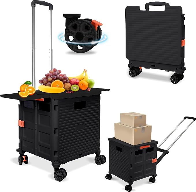 FELICON SELORSS Folding Utility Cart Portable Rolling Crate Handcart-Black | Adjustable Handle+Extended Magnetic Lid,Storage Basket Box,4 Swivel Wheels Tote for Teacher Move Shop Travel Grocery Office by FELICON