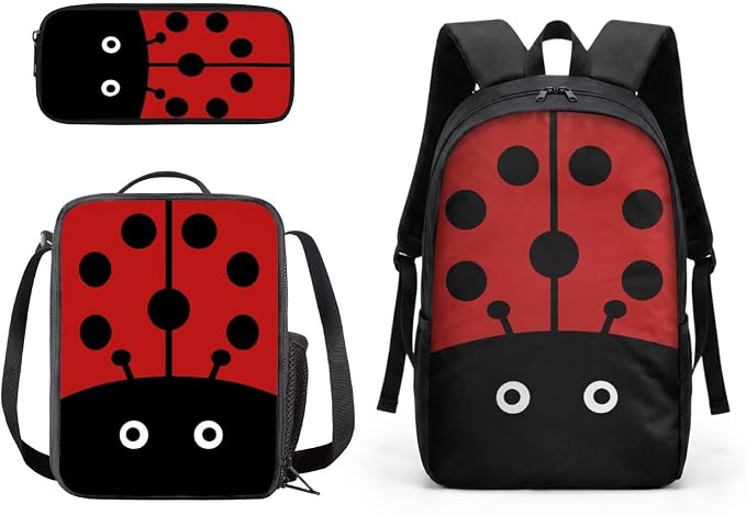 3 in 1 Knapsack Set with Lunch Bag and Pencil Bag, Durable Children’s Ladybug Backpack Set, Lightweight Large School Bag Set for Boys Girls Back to School by PCSJRKG