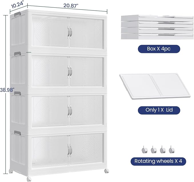 60Gal/240QT 4-Tiers Extra Large Stackable Storage Bins with Lid, Collapsible Cabinet Closet Organizer Plastic Container Box with Wheels Doors Drawers for Office Dorm Kitchen, White - Image 2