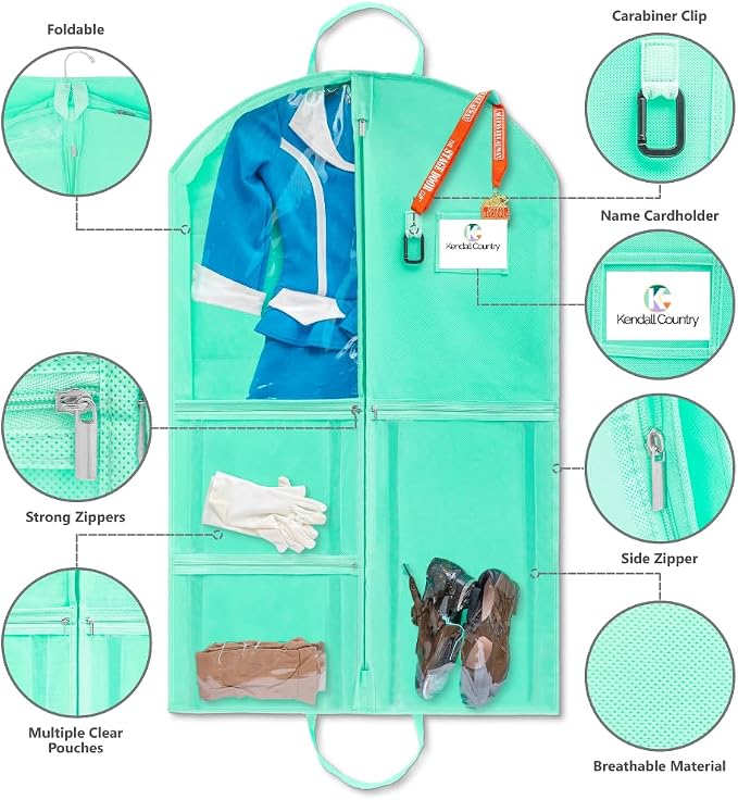 Waterproof Hanging Garment Bag 40 inch Clothes Bag with Gusset, 5 Pockets & Side Zip for Dance Costumes, Sports, Skating, Theatre, Beauty Pageants & More by Kendall Country, Sea Foam Green - Image 3