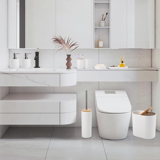 XLHOMO White Bathroom Set, White Bathroom Accessories Set with Trash Can, 2PCS Soap Dispensers, Soap Dish, Toothbrush Holder, Toothbrush Cup,Toilet Brush, Tray and Qtip Holders for Bathroom Decor - Image 7
