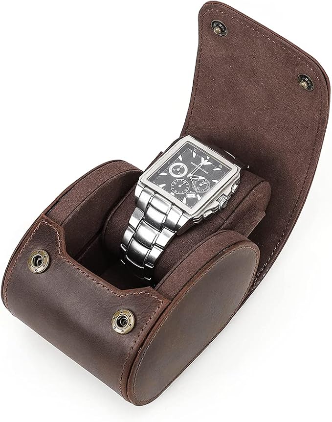 Hiram Leather Watch Roll Travel Case,Vintage Crazy Horse Leather 1-Slots Watch Box with Removable Velvet Pillows, Secure Metal Clasp, Perfect for Daily Display & Business Travel by Hiram