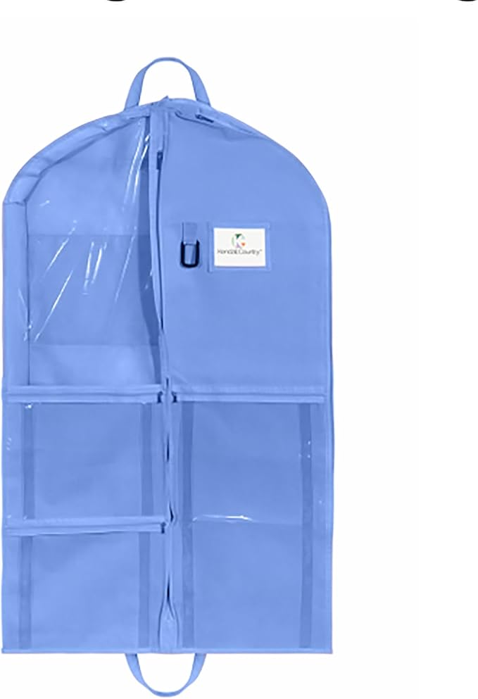 Enhanced Hanging Garment Bag with multiple clear Pockets, carrying straps, front and Side Zippers for Clothes, Dance Costumes, Cheer uniforms, and pageant dresses. (HydrangeaBlue, 40 inch) by KendallCountry