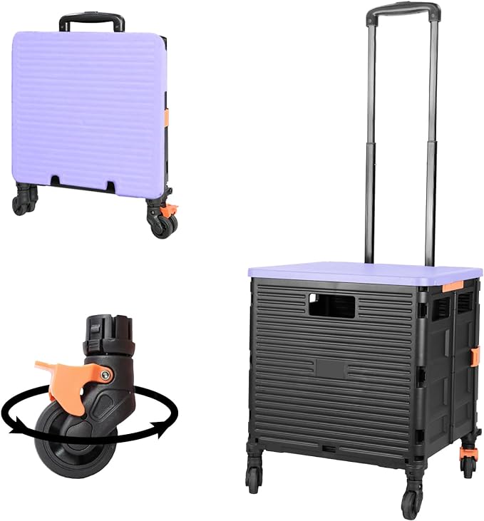 Quick Utility Cart Folding Portable Rolling Crate Handcart with Durable Heavy Duty Plastic Telescoping Handle Collapsible 4 Rotate Wheels for Travel Shopping Moving Luggage Office Use by FELICON