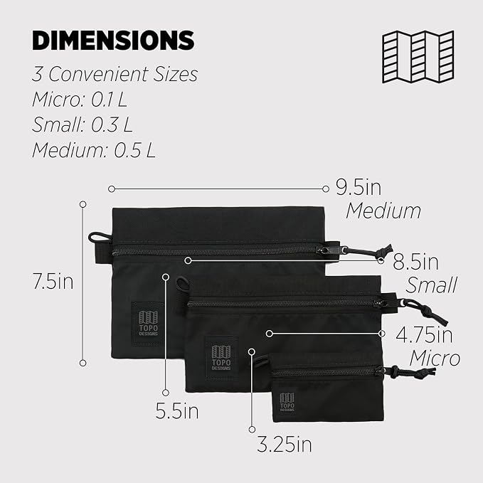 Topo Designs Accessory Bags, Travel Organizer Accessories for Smaller Items, Durable Storage Pouch, 3 Sizes, Fully Lined Pack Cloth (Micro, Black) - Image 2