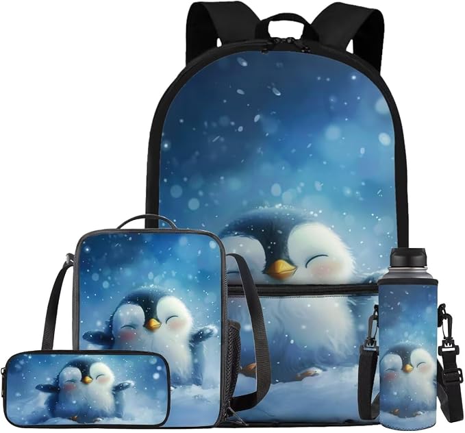 Penguin Backpack for Girls Kids Backpack with Lunch Box Water Bottle Carrier with Strap and Kawaii Pencil Case 4PCS Set Cute Bookbag with Front Pocket 17" Large Elementary School Bag for Boys by ELEDIZI