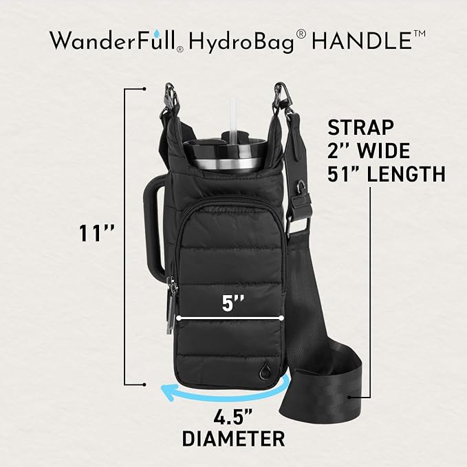 WanderFull Original HydroBag HANDLE®, Zipper for Handle, 40 oz Water Bottle Holder w/Strap, Mother’s Day Gift, Crossbody Carrier Bag w/Phone Pocket - Black Matte w/Vegan Leather Trimmed Strap - Image 4