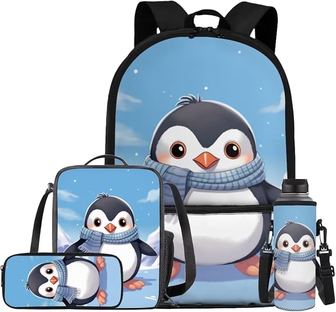 White Penguin Kindergarten Backpack for Boys with Lunchbox Grades 2 To 5 Large Capacity Kids Bookbag and Water Bottle Set Portable Lightweight Schoolbag Fit Middle School High School by Bivxisrvo