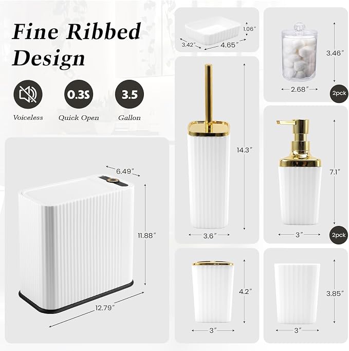 XLHOMO 9-Piece White Bathroom Accessories Set - Minimalist Matte Stripe Set with Slim Press-Top Trash Can, Soap Dispenser & Toothbrush Holder - Aesthetic Apartment Essentials - Image 2