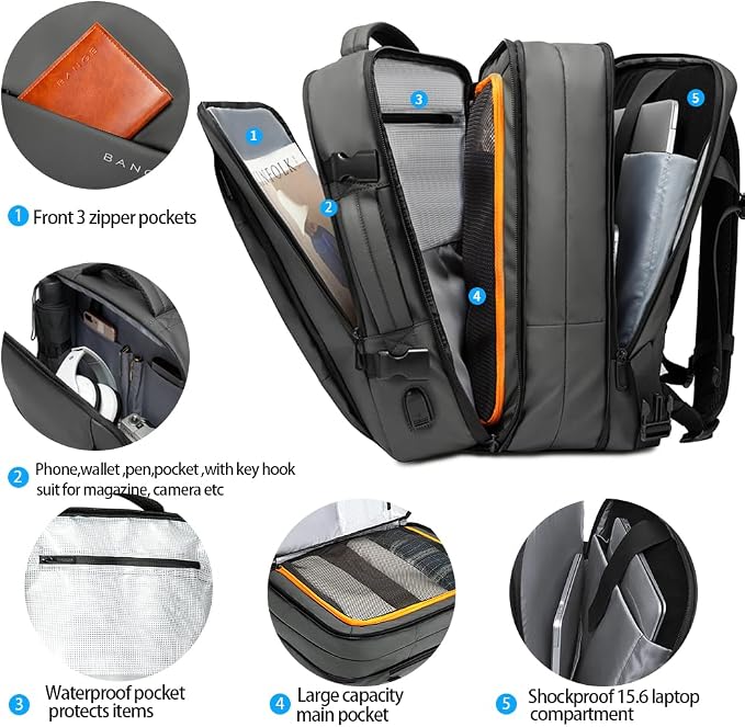 BANGE 45L Carry-on Backpack, Expandable Travel Backpacks for Airplanes,Convertible Weekend Backpack Briefcase for Traveling,Water Resistant College 17.3” Laptop Backpack for Men & Women - Image 2