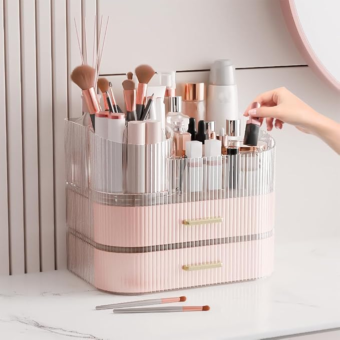 360 Rotating Makeup Organizer with Stackable Drawer, 11-inch Wide Large Cosmetic Display Case, Makeup Brush Holder, Skincare Organizers and Storage for Dresser, Vanity, Bathroom Countertop by STORICANS