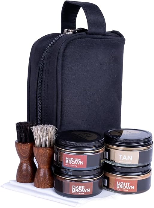 FootFitter Travel Shoe Shine Kit, Conditioning Creams & Applicators | Compact Leather Conditioning Applicators, Premium Shoe Creams, Shine Cloths & Travel Bag for On the Go Shoe Care by FootFitter