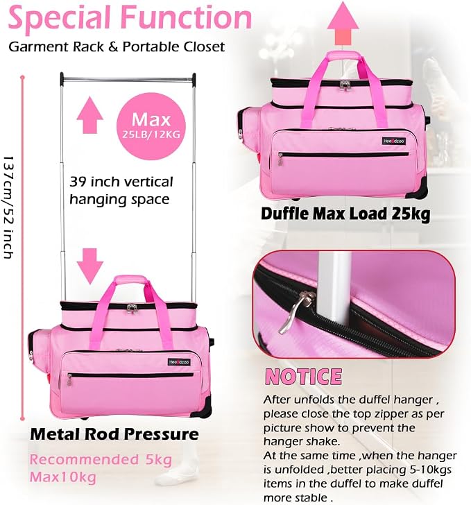 Dance Bag with Garment Rack,23inch Dance Competition Garment Bags with Clothes Rack,Suitcase,Rolling Duffle for Travel, Wheeled Drop-Bottom Upright Luggage Closet Suitcase(Expand-Pink - Image 5