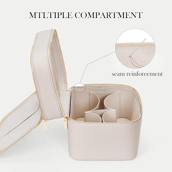HiTotes Large Makeup Bag Duo Vanity Case for Women Leather Makeup Case Travel Toiletry Bag Portable Double Layer Cosmetic Bag - Image 3