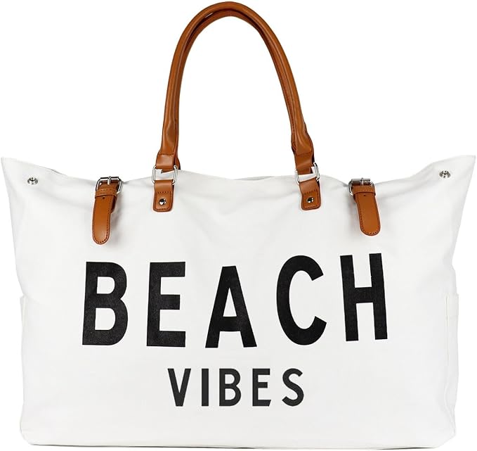 Lamyba Beach Bag with Vegan Leather Handle, Extra Large Beach Bag for Women Waterproof Sandproof, White | with Vegan Leather Handle by Lamyba