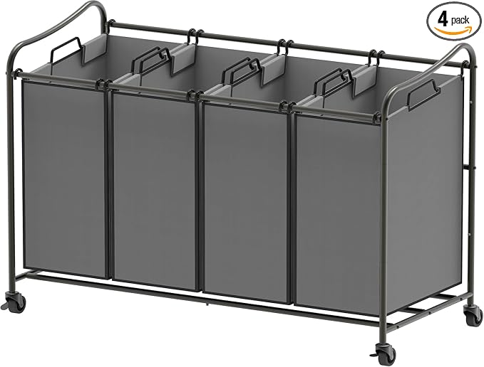 Simple Houseware 4-Bag Heavy Duty Laundry Sorter Rolling Cart, Dark Grey | Removable Bags and Lockable Wheels for Laundry Room Organization by SimpleHouseware