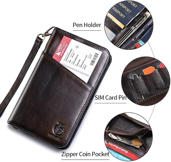 Passport Holder for Travel Family with Strap Genuine Leather RFID Blocking Travel Document Organizer Wallet with Pen Holder, Antiqued - Image 4