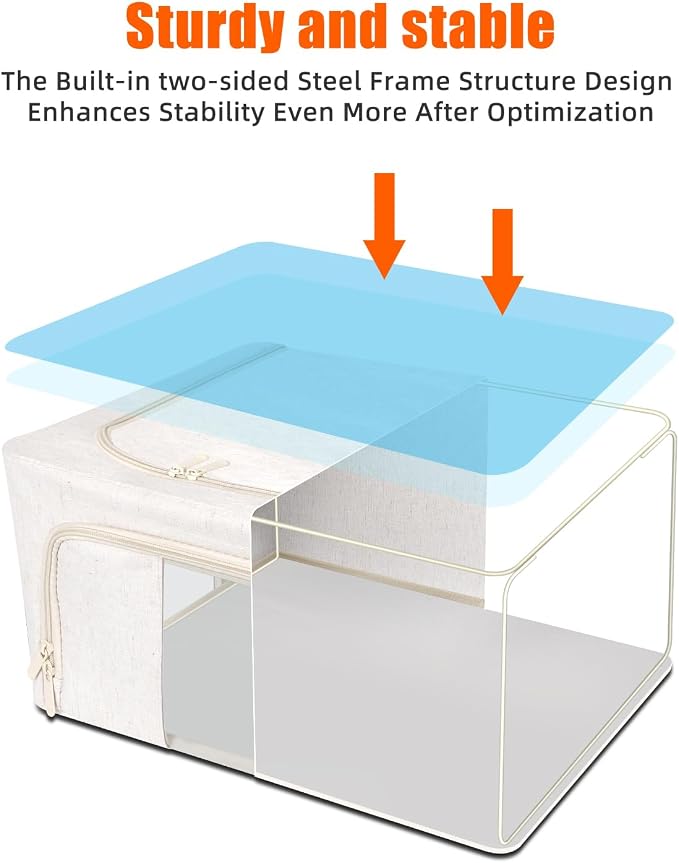 Foldable Clothes Storage Bins with Solid core powder-coated steel fram, 24/ 66L Storage Bags Fabric Box Organizer with Clear Window Zippers Sturdy Handles 2 Pack (Beige, 24L 1Pack) - Image 2