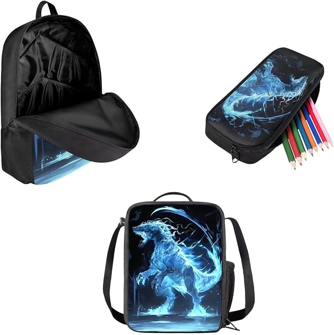 Mumeson Dinosaur Backpack Water Resistant 3 in 1 School Bag Set Outdoor Students Rucksack School Bag and Lightweight Lunch Bags Portable Pencil Case Back to School Supplies - Image 2