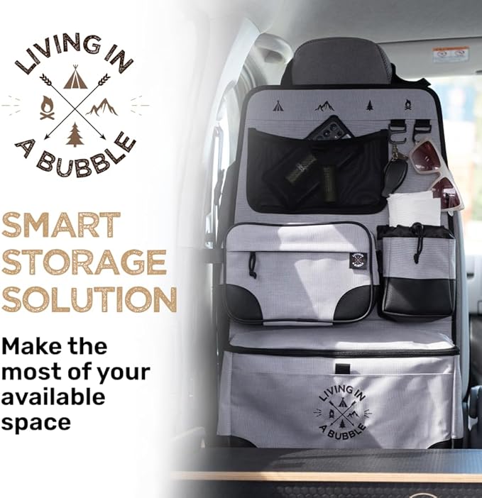 Living in a Bubble Seat back Organizer – Magnetic Toiletry and Cooler Pouch, Cordura Car Backseat Storage with Device Holder & Hooks, Multi-Compartment Utility Bag for Campervans & Family Travel - Image 3