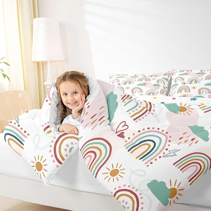 Erosebridal Rainbow Quilt for Kids Girls, Cartoon Sun and Clouds Comforter Set & Pillow Cases, Love Heart Down Comforter Iridescent Stripes Hand Drawn Bedding Set Kawaii Room Decor, Twin Size - Image 4