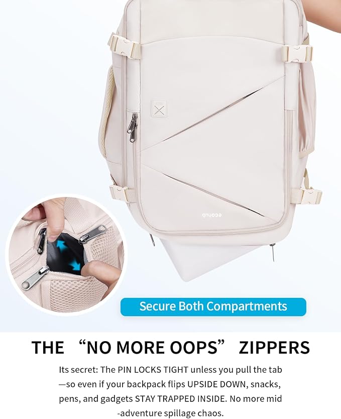 ECOHUB 17" Small Unisex Travel Backpack United Airlines Approved 17x10x9 Friendly Suitcase Anti-Theft Lockable Zippers Style Personal Item Bag Travel Essentials with 12 Pockets Water Resistant, White - Image 5