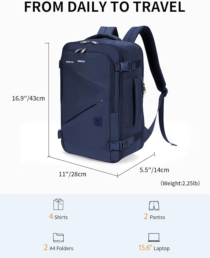 ECOHUB 17" Small Unisex Travel Backpack United Airlines Approved 17x10x9 Friendly Suitcase Anti-Theft Lockable Zippers Style Personal Item Bag Travel Essentials with 12 Pockets Water Resistant, Blue - Image 7
