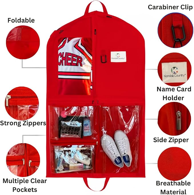 Waterproof Hanging Garment Bag 40 inch Clothes Bag with Gusset, 5 Pockets Side Zip for Dance Costumes Sports Skating Theatre Pageants Cheer Cosplay Kendall Country (Candy Apple Red, 40 inch) - Image 2