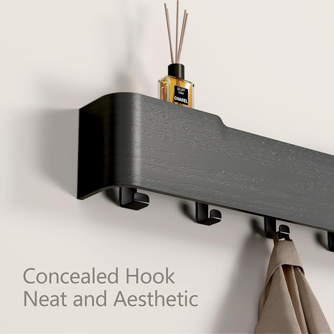 Wall Mounted Coat Rack with Shelf, Wooden Entryway Organizer with Hidden Metal Hooks for Hanging Coats Bags Keys, Modern Floating Shelf for Hallway Bathroom - Image 3