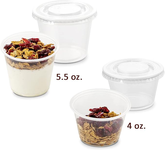 DuraHome Plastic Portion Cups with Lids 4 oz. & 5.5oz. Combo Pack of 150 Leakproof Jello Cup Mini Containers for Salad Dressing Sauce Condiment Snack Souffle and Salsa, Disposable, Interchangeable - Image 2