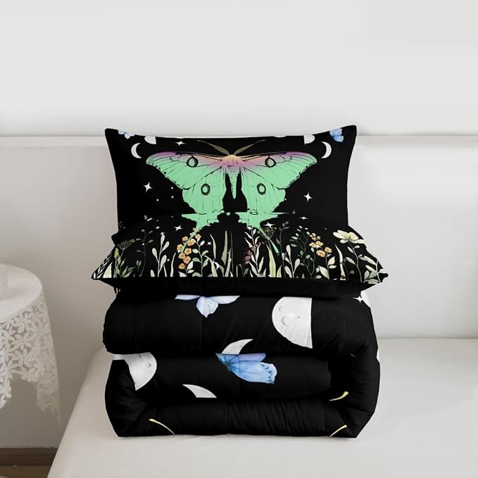 Erosebridal Teens Moth Bedding Set Queen, Aesthetic Flower Comforter Set Bohemian Sun Moon Duvet Sets for Kids Boys Adult Women, Nature Trippy Floral Bedding Comforters Goth Bedroom Decor - Image 7