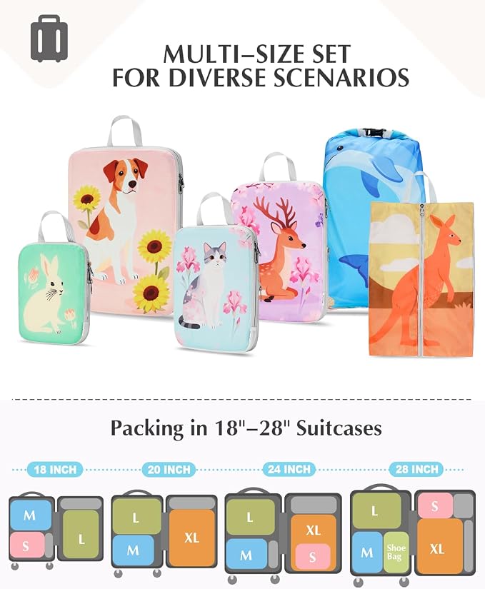 Gonex Compression Packing Cubes, 6pcs Expandable Storage Travel Luggage Bags Organizers with Shoe Bag Laundry Bag, Travel Cubes for Suitcase Carry On (Animals) - Image 5
