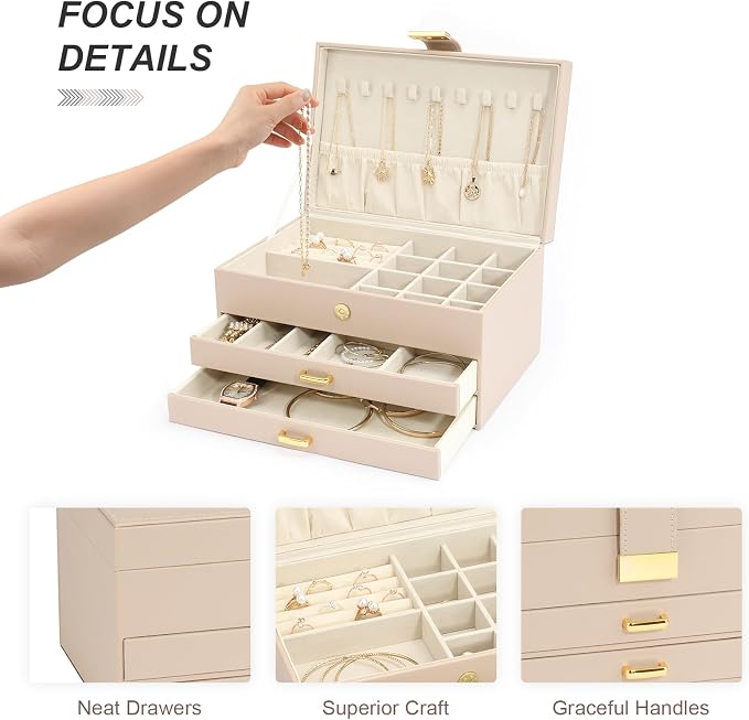 Jewelry Box, 3-Tier with 2 Drawers, Beige, Modern, Women's Jewelry Organizer - Image 4